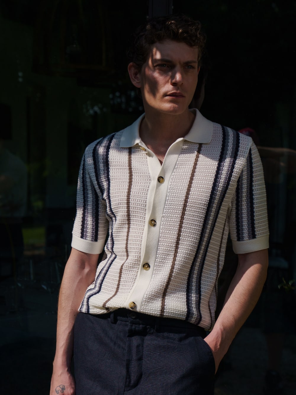 Open Weave Striped Knit Shirt - White