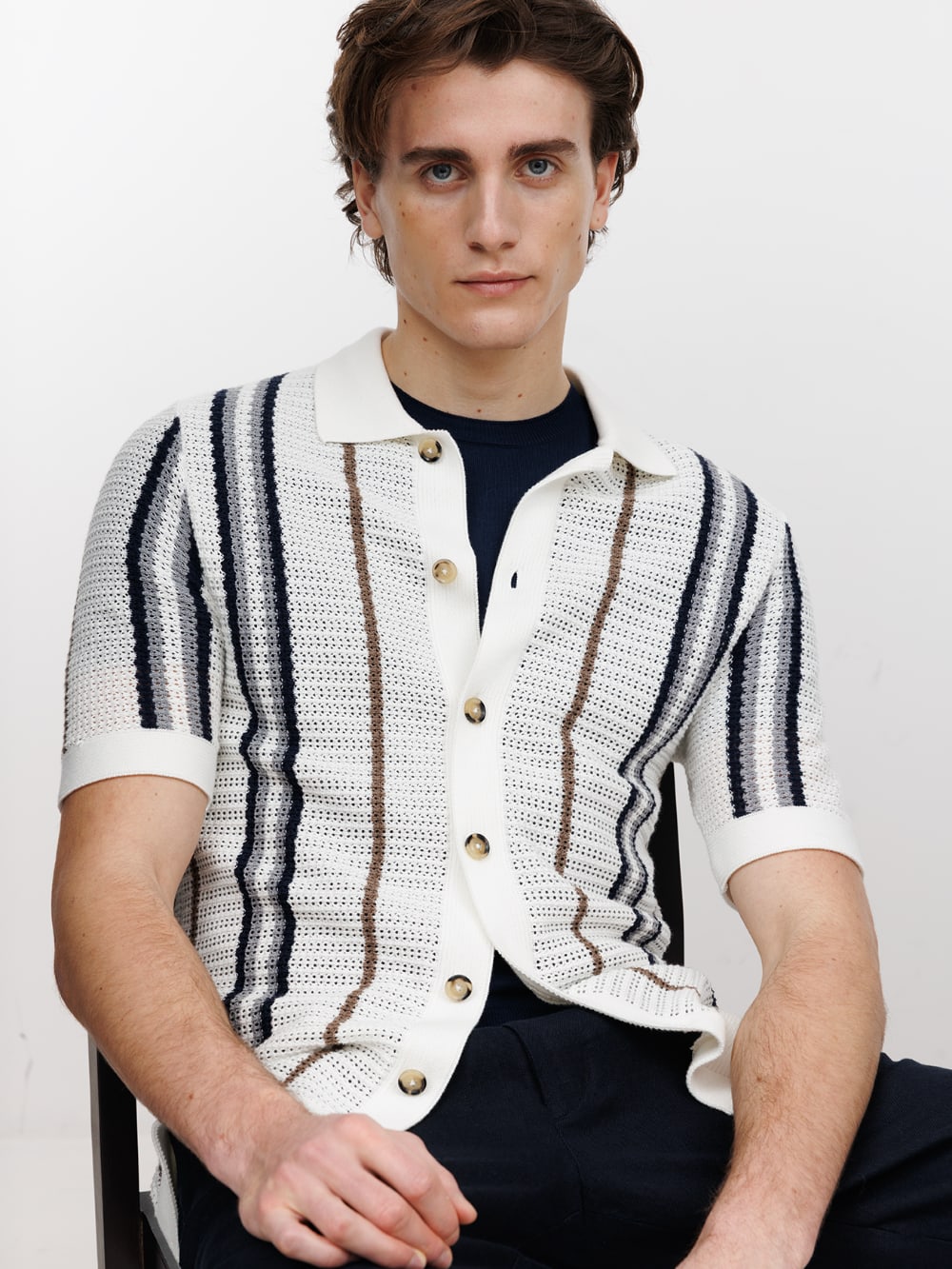 Open Weave Striped Knit Shirt - White