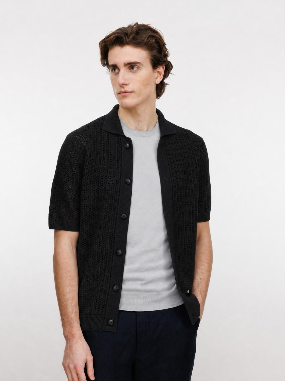 Ferrante - Royal Red Open Weave Short Sleeve Shirt - Black