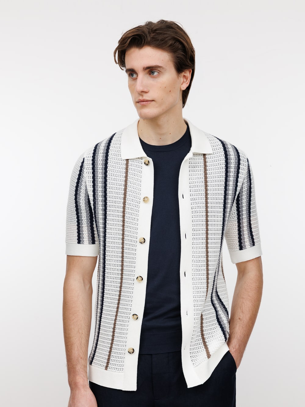 Ferrante - Open Weave Striped Knit Shirt - White