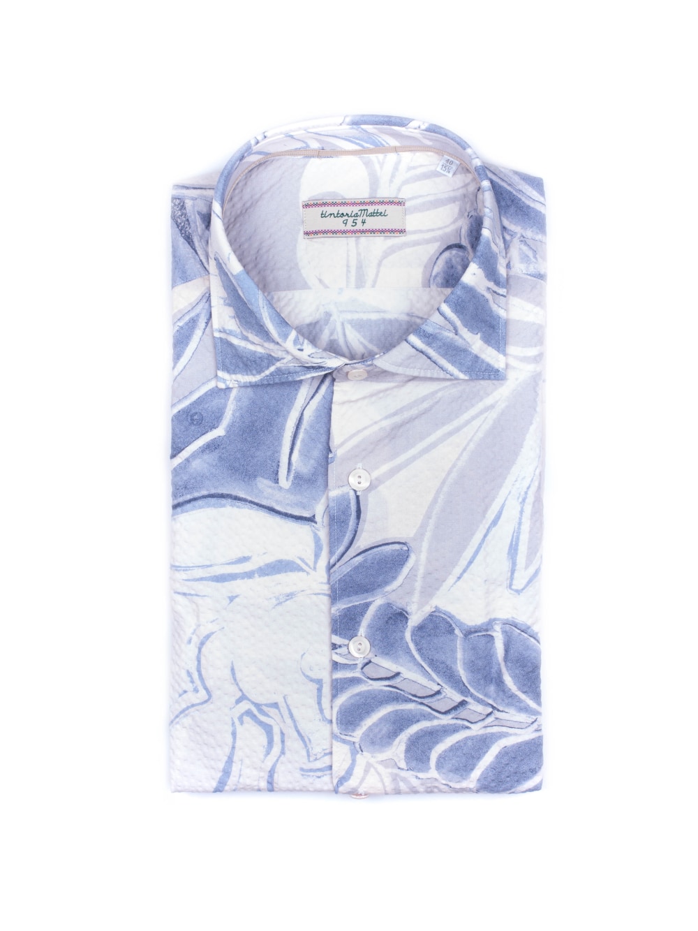 Tintoria Mattei 954 - Abstract Floral Seersucker Shirt in Misty Blue