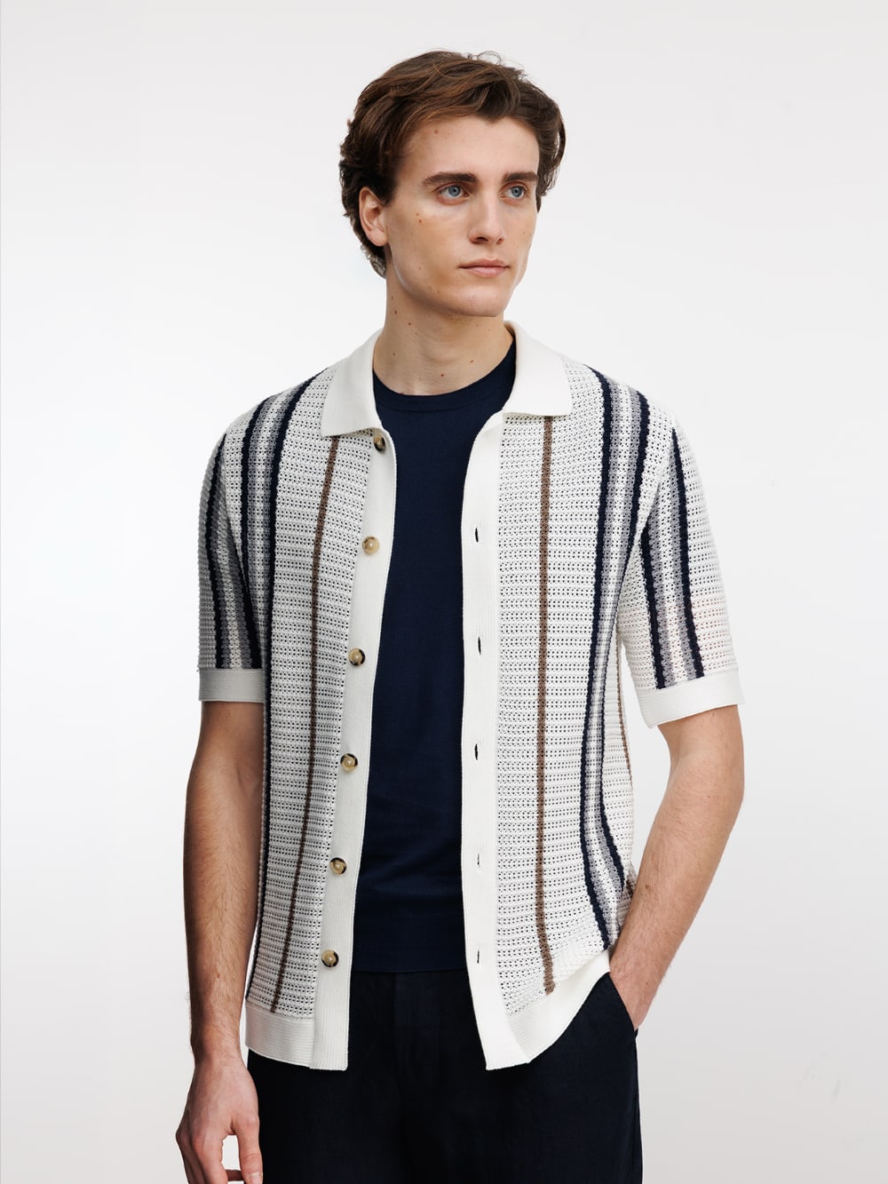 Open Weave Striped Knit Shirt - White