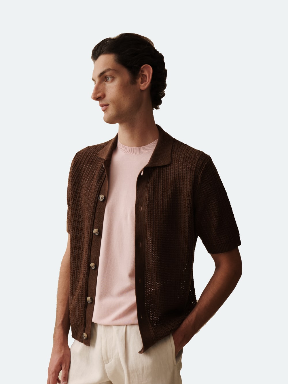 Ferrante - Royal Red Open Weave Short Sleeve Shirt - Brown
